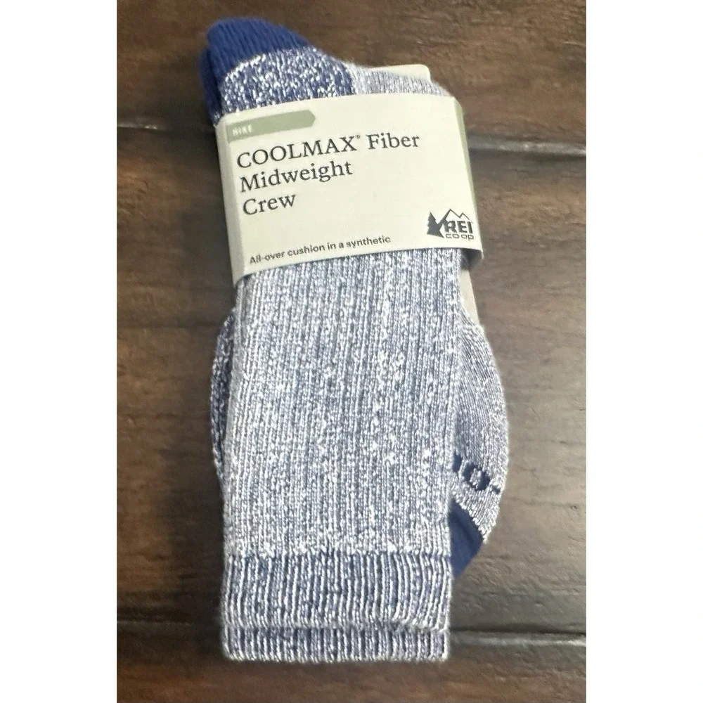 REI Co-op COOLMAX EcoMade Midweight Crew Hiking Socks Indigo Large NWT Cushioned